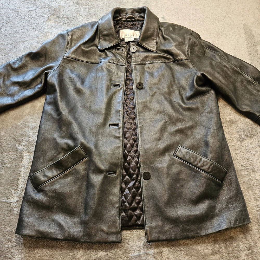 Nine West Womens Black Genuine Leather Button Front Quilted Lined Car Coat‎ Med